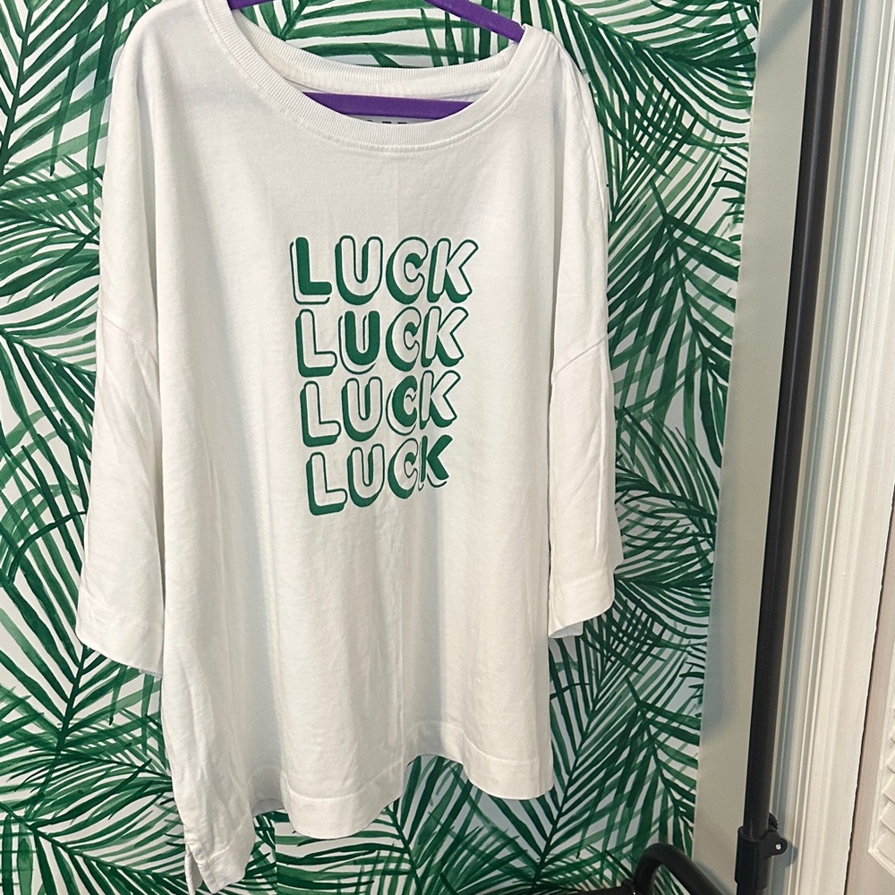 LOFT White Tee with Green Print LUCK